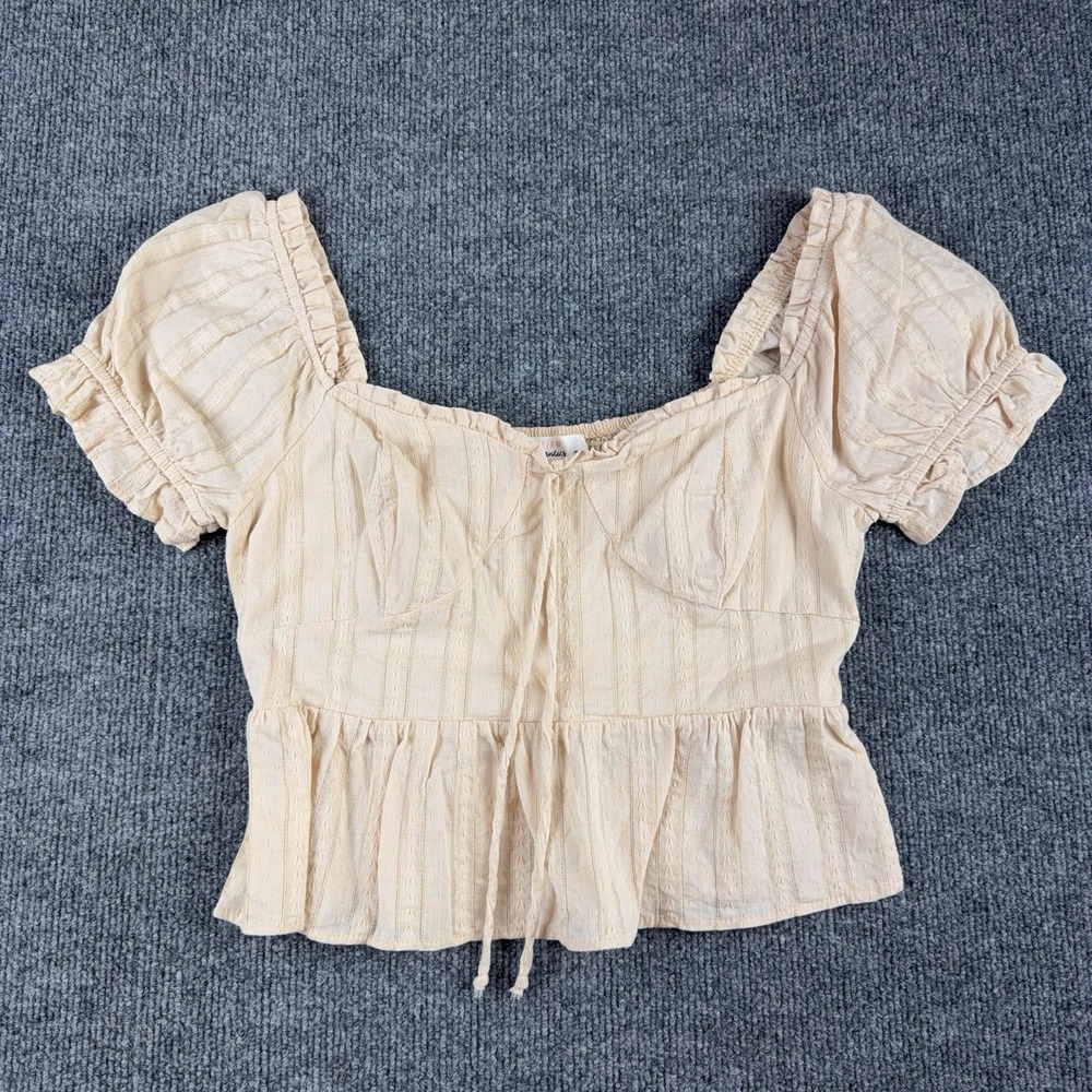 Urban Romantics Blouse Womens Medium Beige Puff Sleeve Smocked Peplum Top - Picture 1 of 9